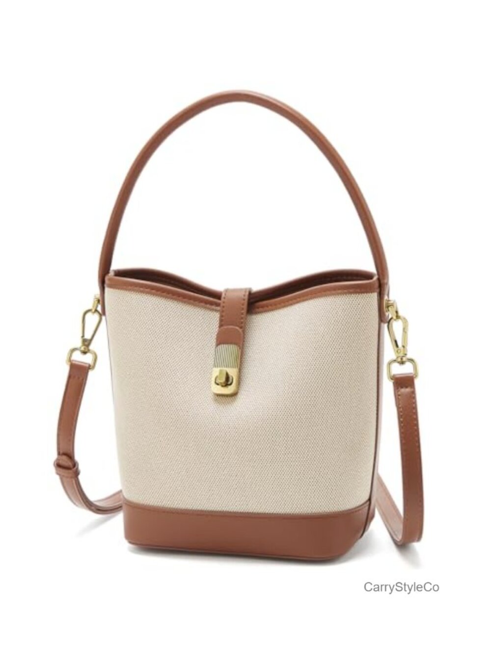 Coated Canvas Bucket Bag Crossbody Purse Adjustable Strap Twist Lock